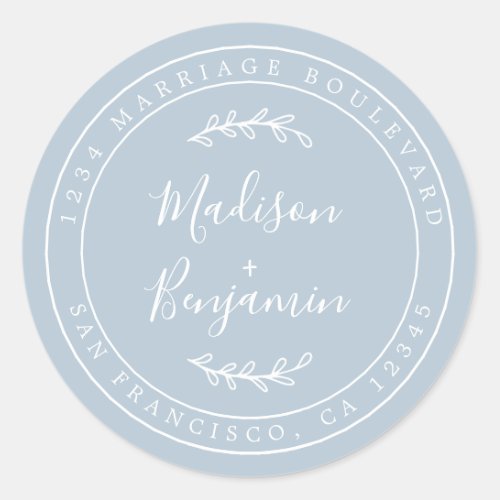 Elegant Names Blue Wedding Return Address Classic Round Sticker