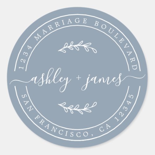 Elegant Names Blue Wedding Return Address Classic Round Sticker