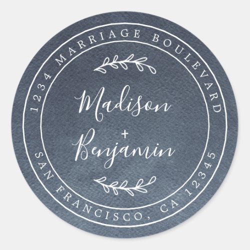 Elegant Names Blue Wedding Return Address Classic Round Sticker