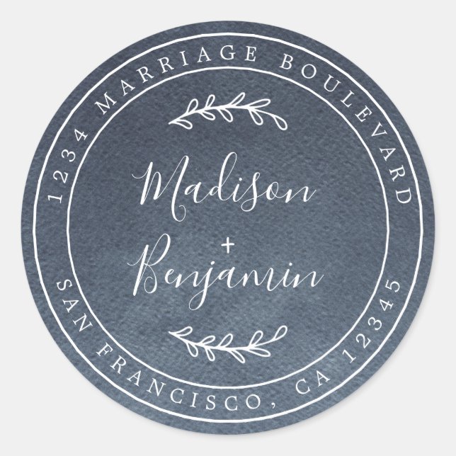 Elegant Names Blue Wedding Return Address Classic Round Sticker (Front)