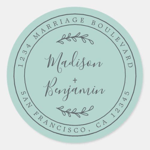 Elegant Names Blue Wedding Return Address Classic Round Sticker