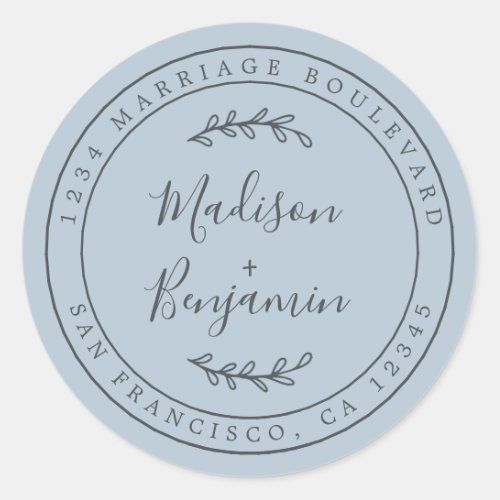 Elegant Names Blue Wedding Return Address Classic Round Sticker