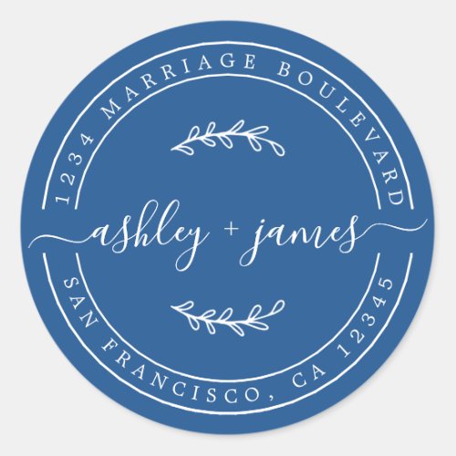 Elegant Names Blue Wedding Return Address Classic Round Sticker