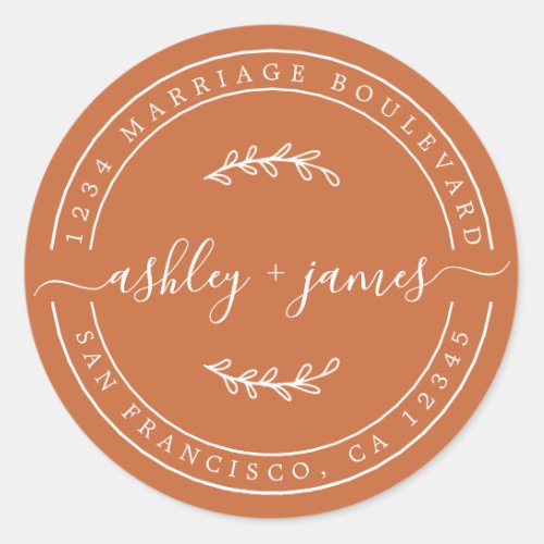 Elegant Names Burnt Orange Wedding Return Address Classic Round Sticker
