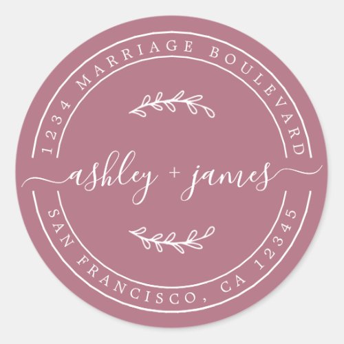 Elegant Names Cassis Purple Wedding Return Address Classic Round Sticker