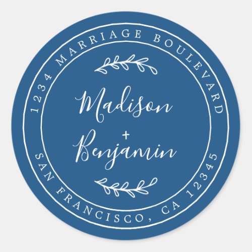 Elegant Names Classic Blue Wedding Return Address Classic Round Sticker