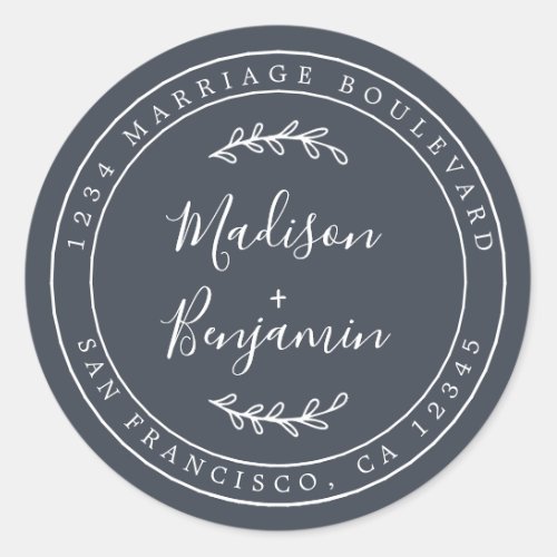 Elegant Names Dark Blue Wedding Return Address Classic Round Sticker