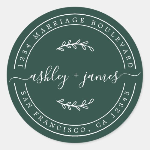 Elegant Names Dark Green Wedding Return Address Classic Round Sticker