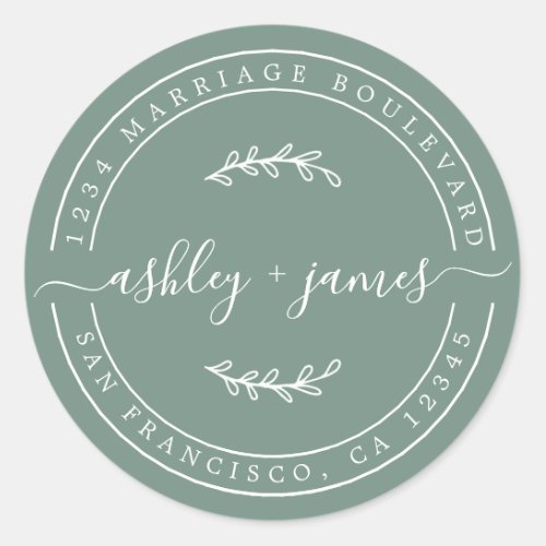 Elegant Names Dusty Green Wedding Return Address Classic Round Sticker