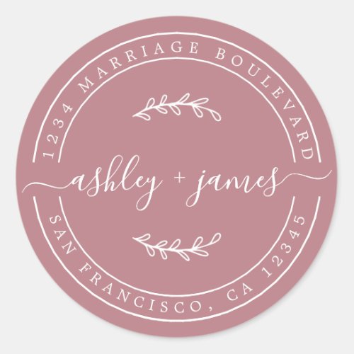Elegant Names Dusty Rose Wedding Return Address Classic Round Sticker