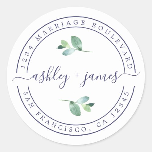 Elegant Names Foliage Wedding Return Address Classic Round Sticker