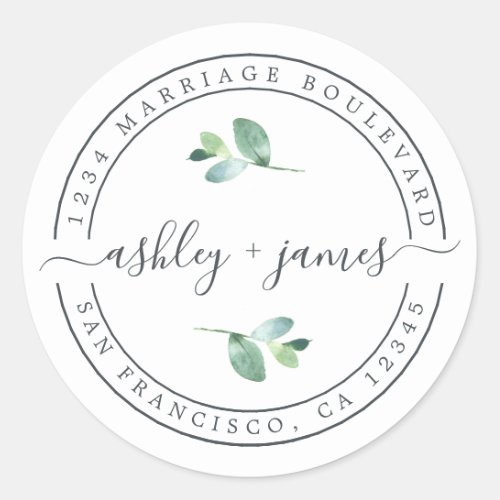 Elegant Names Foliage Wedding Return Address Classic Round Sticker
