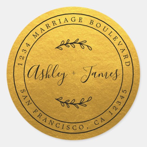 Elegant Names Gold Wedding Return Address Classic  Classic Round Sticker