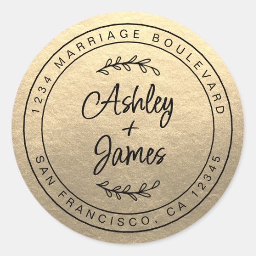 Elegant Names Gold Wedding Return Address Classic Round Sticker