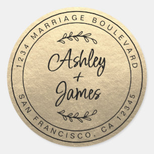 Elegant Names Gold Wedding Return Address Classic Round Sticker