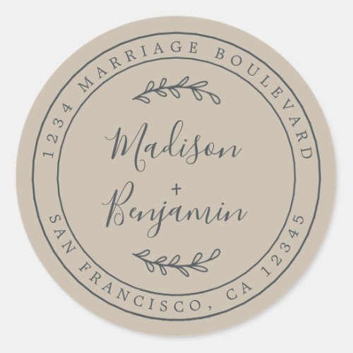 Elegant Names Gray Wedding Return Address Classic Round Sticker