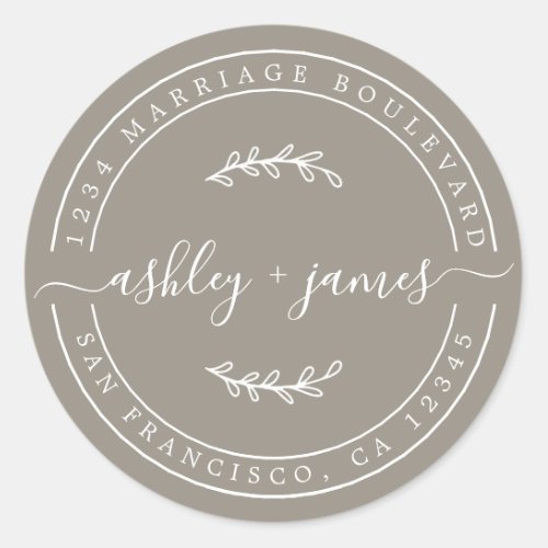 Elegant Names Gray Wedding Return Address Classic Round Sticker