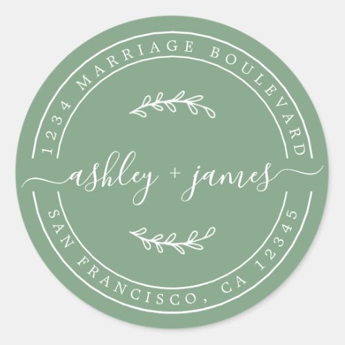 Elegant Names Green Wedding Return Address Classic Round Sticker