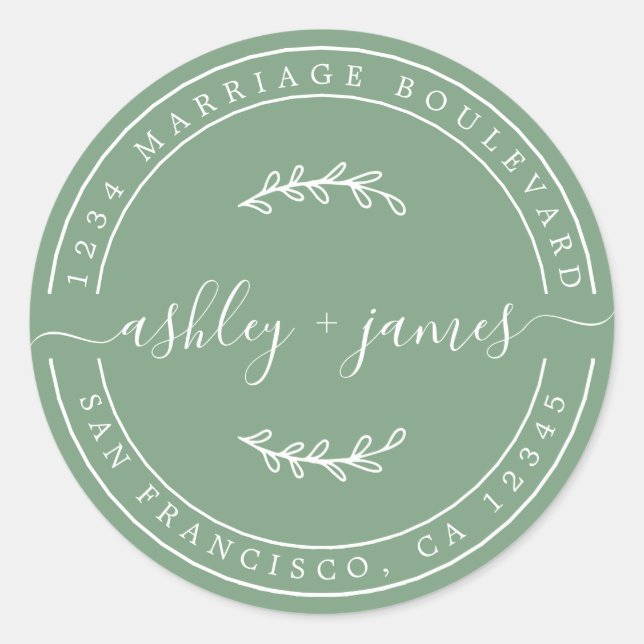 Elegant Names Green Wedding Return Address Classic Round Sticker (Front)
