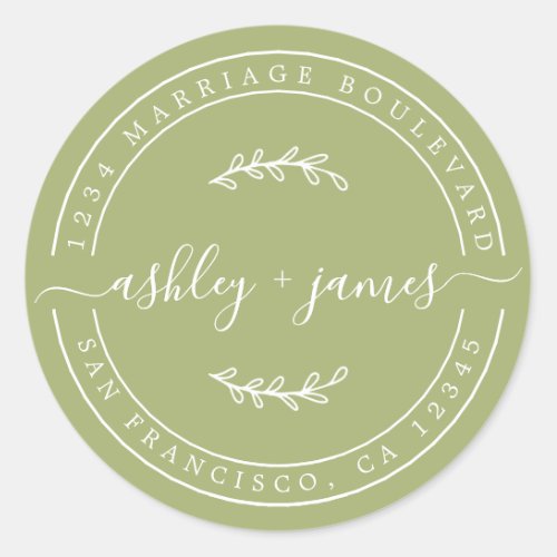 Elegant Names Leaf Green Wedding Return Address Classic Round Sticker