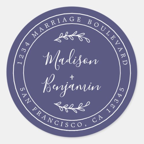 Elegant Names Navy Blue Wedding Return Address Classic Round Sticker