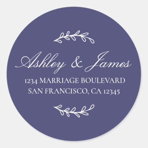 Elegant Names Navy Blue Wedding Return Address Classic Round Sticker