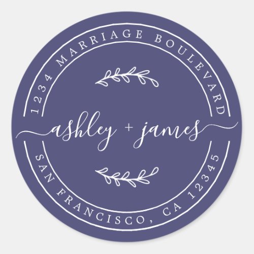 Elegant Names Navy Blue Wedding Return Address Classic Round Sticker