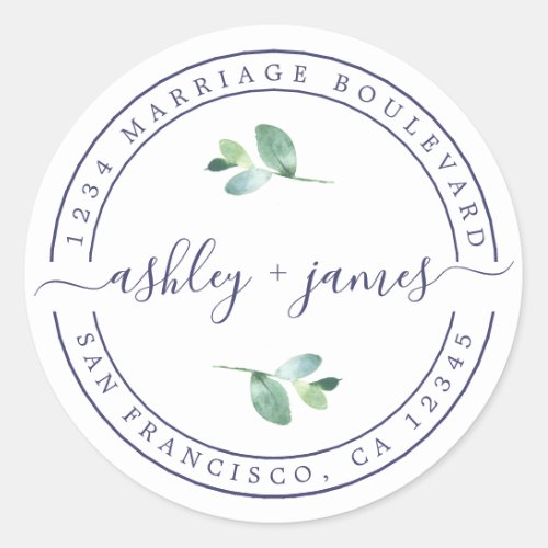 Elegant Names Navy White Wedding Return Address Classic Round Sticker