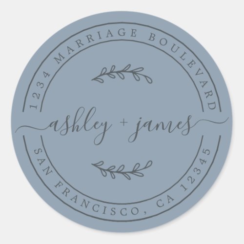 Elegant Names Pastel Blue Wedding Return Address Classic Round Sticker