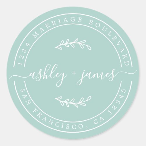 Elegant Names Pastel Blue Wedding Return Address Classic Round Sticker