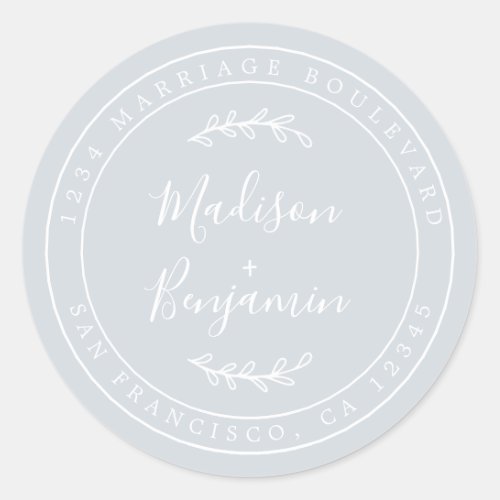 Elegant Names Pastel Blue Wedding Return Address Classic Round Sticker