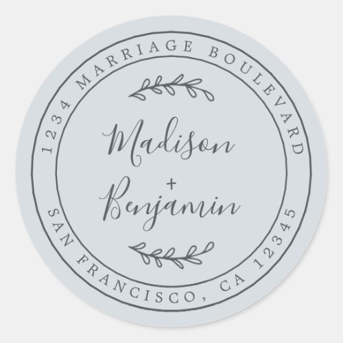 Elegant Names Pastel Blue Wedding Return Address Classic Round Sticker