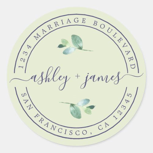 Elegant Names Pastel Green Wedding Return Address Classic Round Sticker