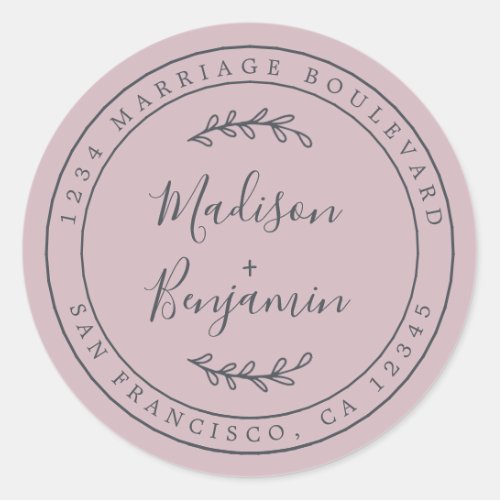 Elegant Names Pastel Purple Wedding Return Address Classic Round Sticker