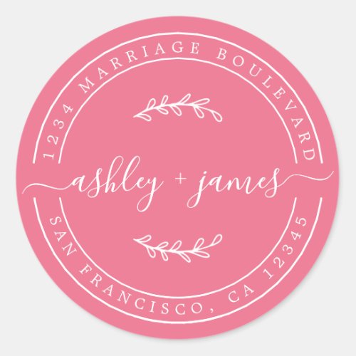 Elegant Names Pink Wedding Return Address Classic Round Sticker