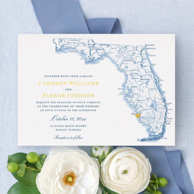 Elegant Naples Florida Wedding Navy and Gold Foil Invitation (Elegant Gold Foil Florida Wedding invitation with heart over Naples from Coastal Map Designs)