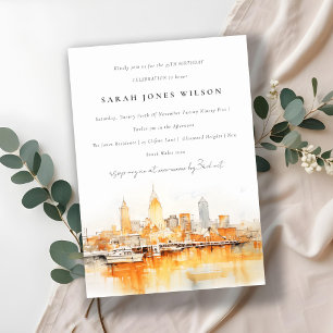 Elegant Nashville City Skyline Watercolor Birthday Invitation