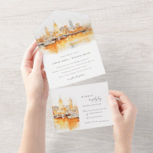 Elegant Nashville City Skyline Watercolor Wedding All In One Invitation