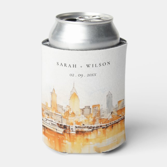 Elegant Nashville City Skyline Watercolor Wedding Can Cooler (Can Front)