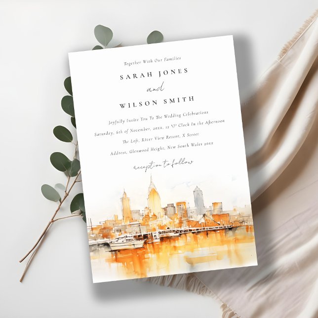 Elegant Nashville City Skyline Watercolor Wedding Invitation (Creator Uploaded)