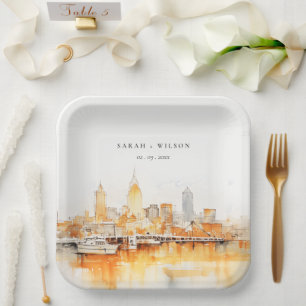 Elegant Nashville City Skyline Watercolor Wedding Paper Plates