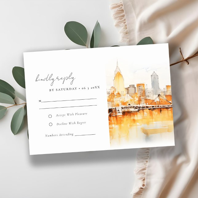Elegant Nashville City Skyline Watercolor Wedding RSVP Card (Creator Uploaded)