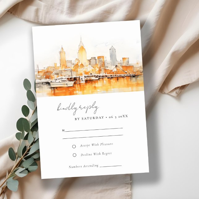 Elegant Nashville City Skyline Watercolor Wedding RSVP Card (Creator Uploaded)
