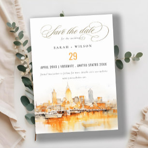 Elegant Nashville City Skyline Watercolor Wedding Save The Date