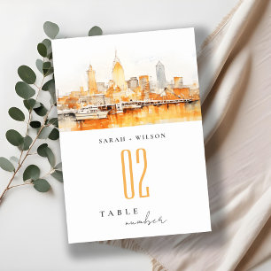 Elegant Nashville City Skyline Watercolor Wedding Table Number