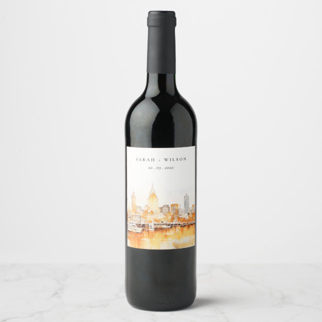 Elegant Nashville City Skyline Watercolor Wedding Wine Label (Front)