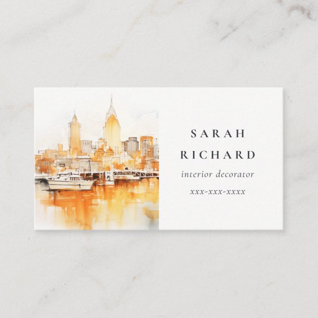 Elegant Nashville Tennessee Skyline Watercolor Business Card (Front)