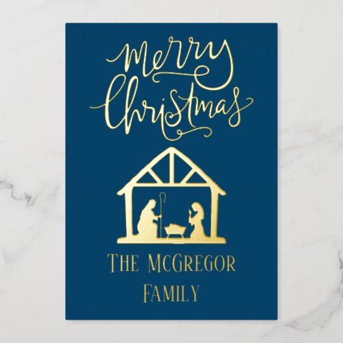 Elegant Nativity Christmas Family Name Blue Foil Holiday Card
