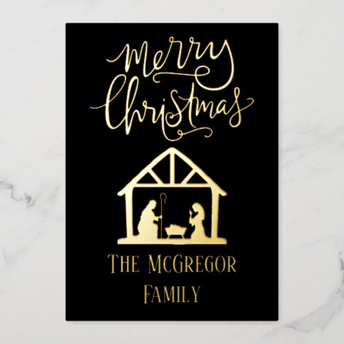 Elegant Nativity Christmas Family Name Foil Holiday Card