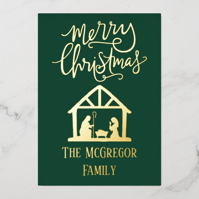 Elegant Nativity Christmas Family Name Green Foil Holiday Card (Front)